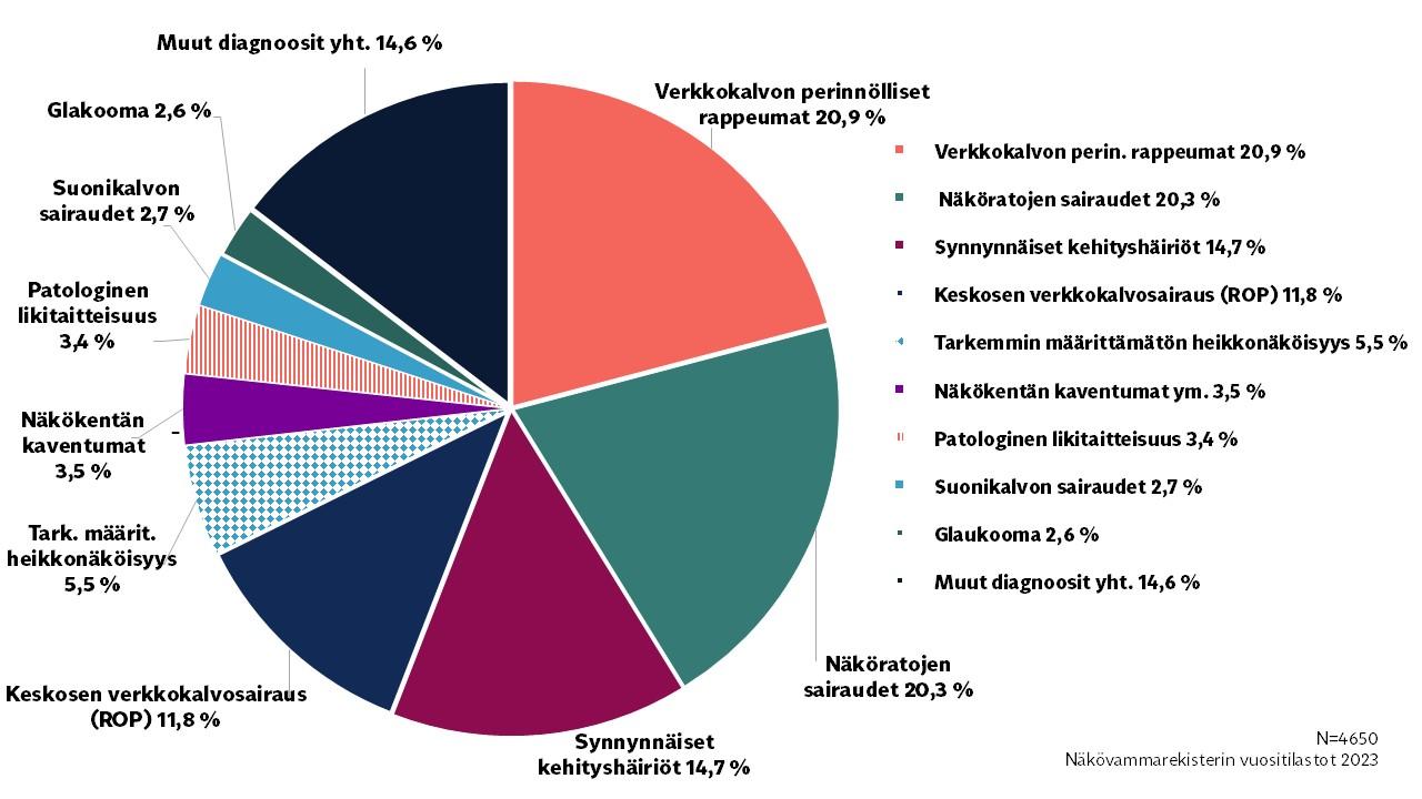 Työikäisten eli 18–64-vuotiaiden näkövammarekisteriin rekisteröityjen näkövammaisten näkövammadiagnoosit vuonna 2023